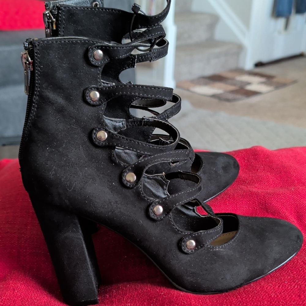 JustFab Black Suede Strappy Block Heel Ankle Boots